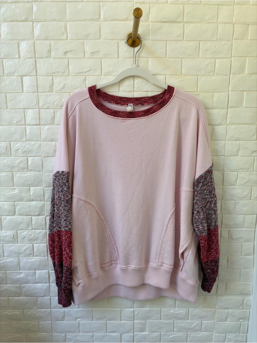 FP Movement by Free People Pink Pullover with Marled Red Sleeves
